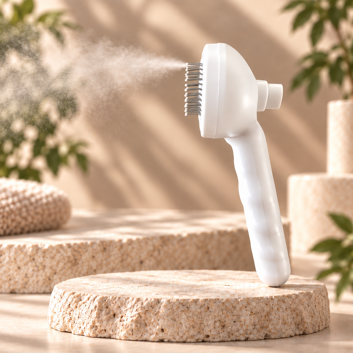 Brosse blanche de chez Animasy diffusant une fine brume, sur un socle en pierre beige.